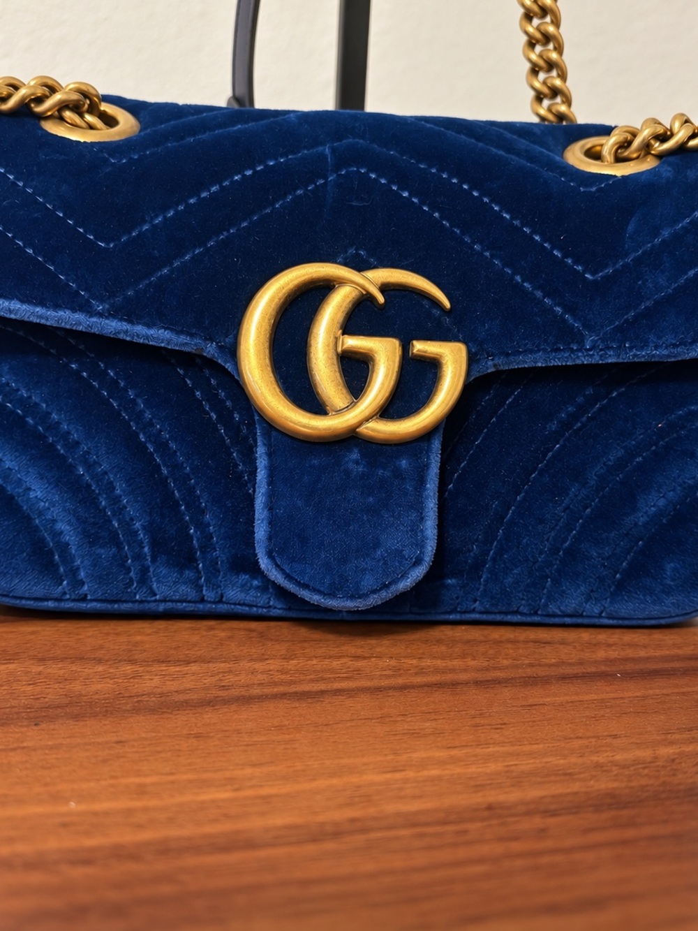 Gucci Deep Blue Velvet GG Shoulder Bag with Gold Hardware